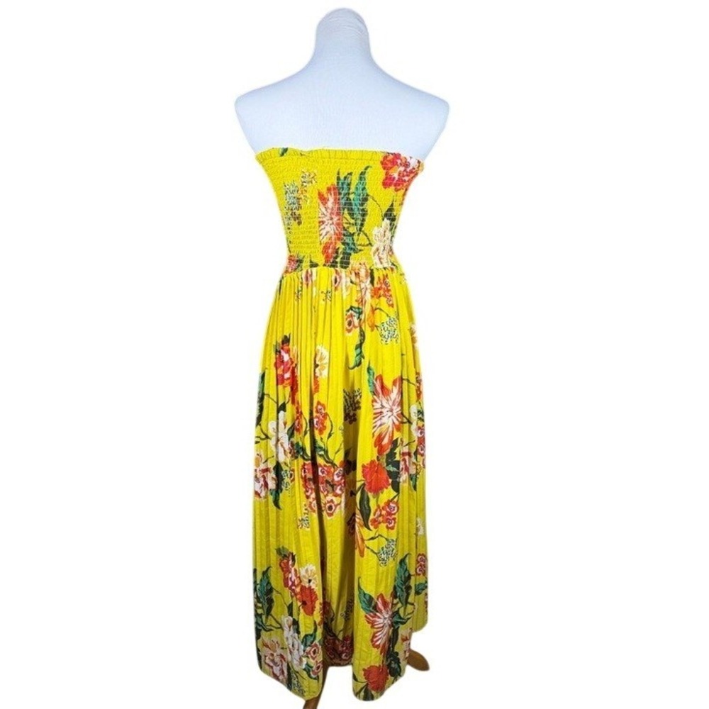 Ml Gabrielle Women Yellow Tropical Floral Smocked Strapless Pleated Maxi Dress M